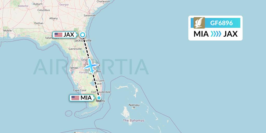 GF6896 Gulf Air Flight Map: Miami to Jacksonville