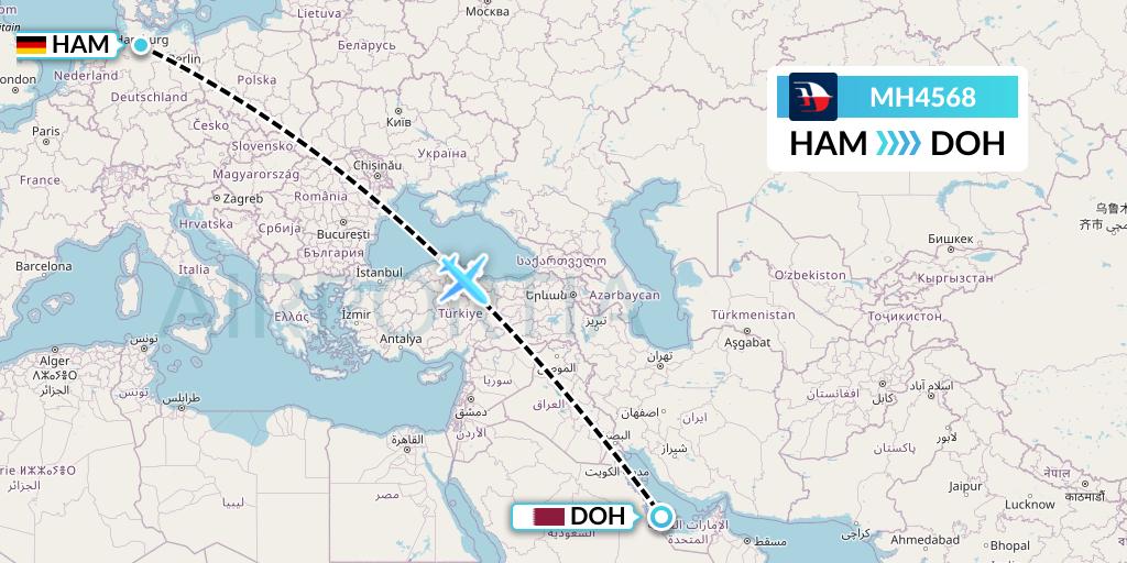 MH4568 Malaysia Airlines Flight Map: Hamburg to Doha