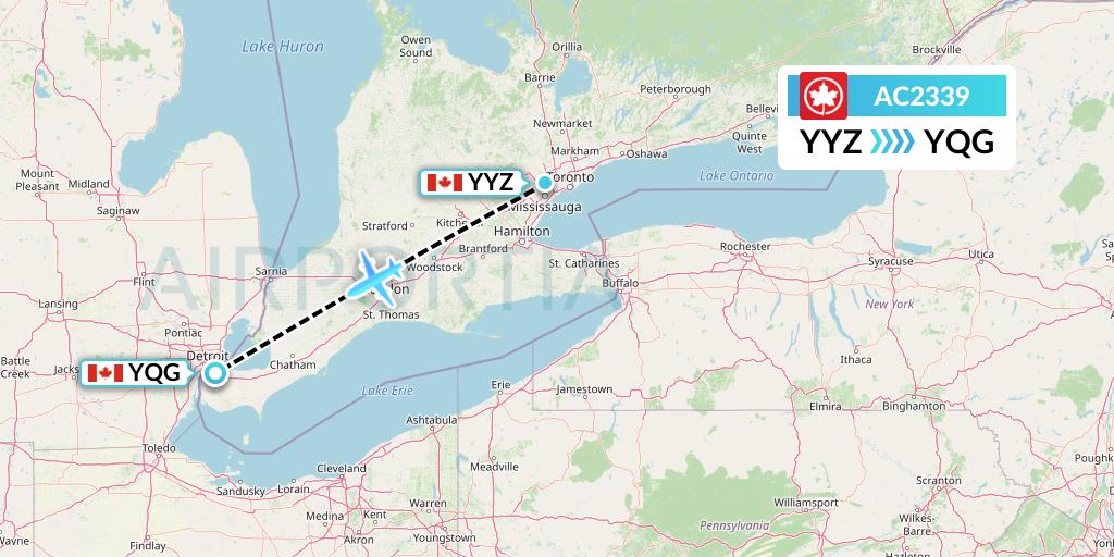 AC2339 Air Canada Flight Map: Toronto to Windsor