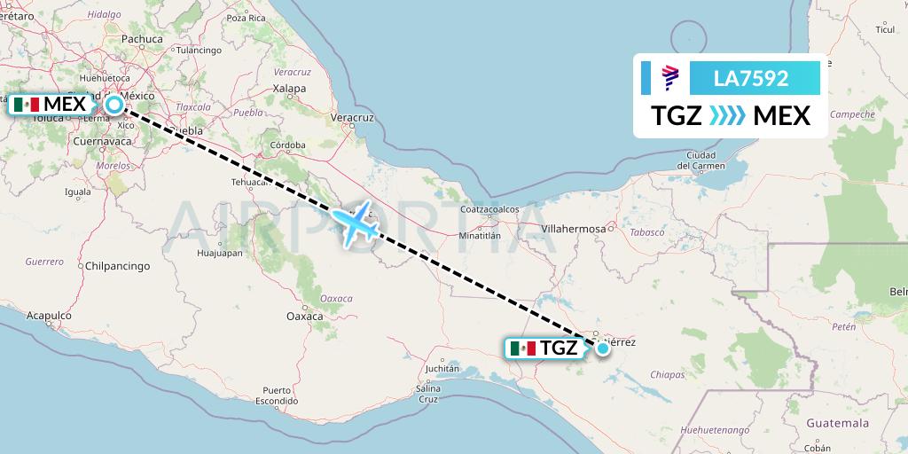LA7592 LAN Airlines Flight Map: Tuxtla Gutierrez to Mexico City