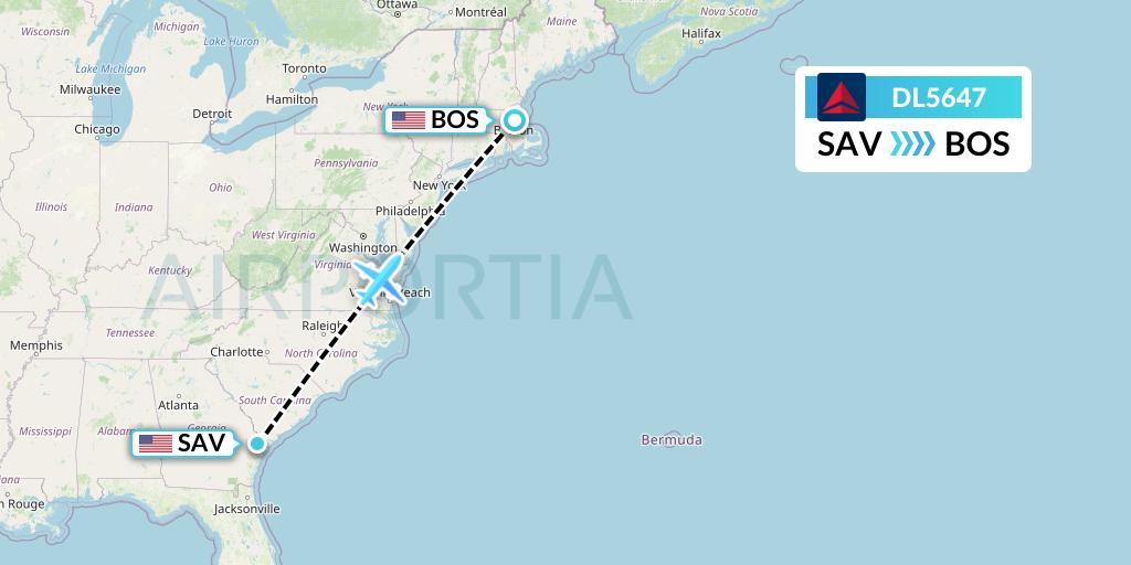 DL5647 Delta Air Lines Flight Map: Savannah to Boston