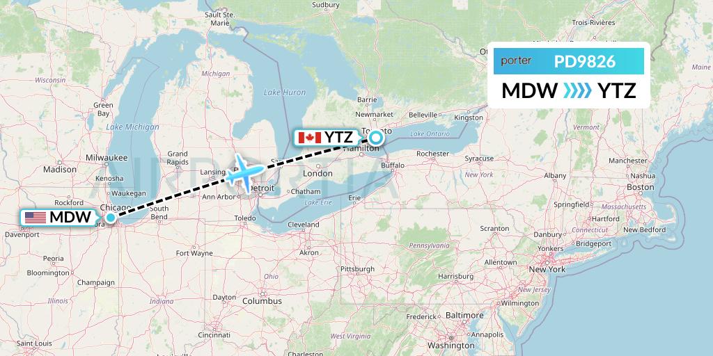PD9826 Porter Airlines Flight Map: Chicago to Toronto