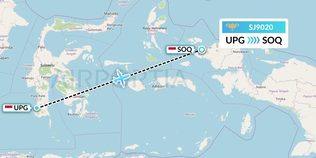 SJ9020 Sriwijaya Air Flight Map: Makassar to Sorong