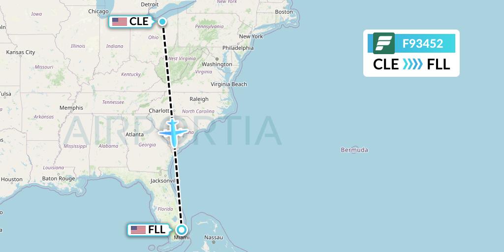 F93452 Frontier Airlines Flight Map: Cleveland to Fort Lauderdale