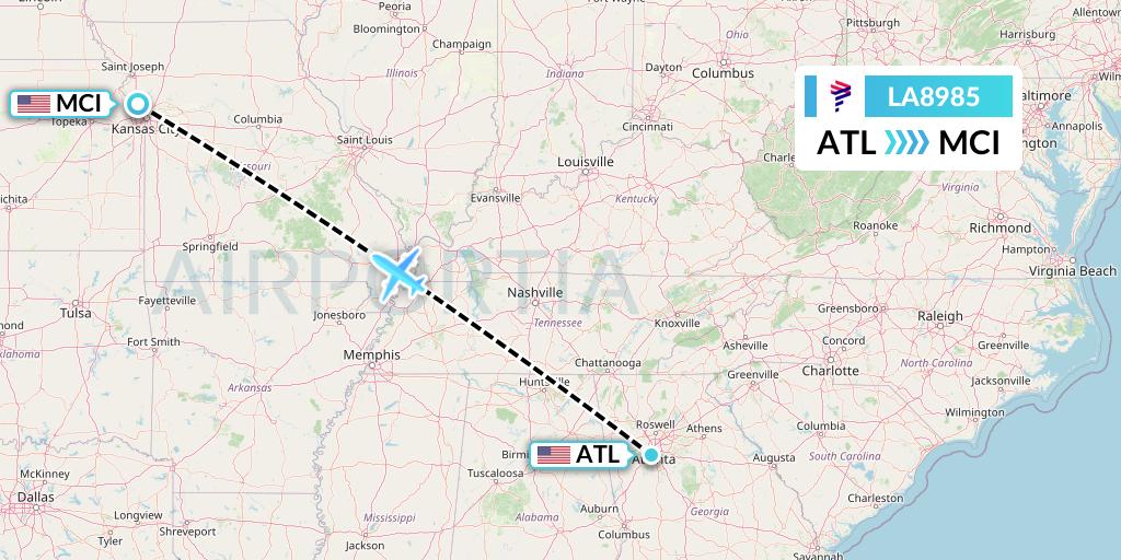 LA8985 LAN Airlines Flight Map: Atlanta to Kansas City