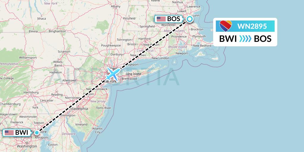 WN2895 Southwest Airlines Flight Map: Baltimore to Boston