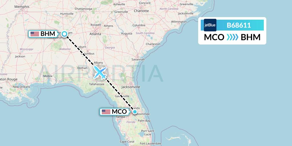 B68611 JetBlue Airways Flight Map: Orlando to Birmingham