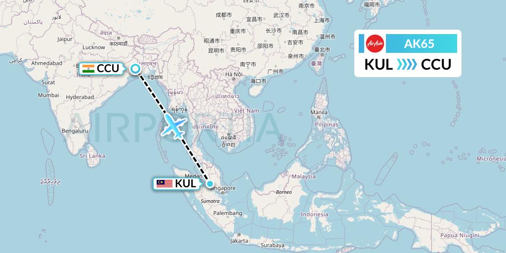 AK65 AirAsia Flight Map: Kuala Lumpur to Kolkata