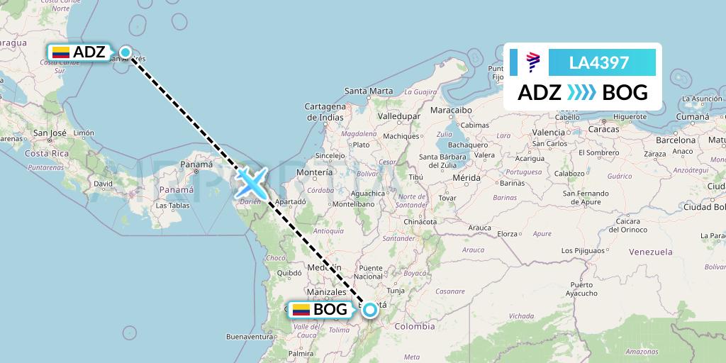 LA4397 LAN Airlines Flight Map: San Andres Island to Bogota