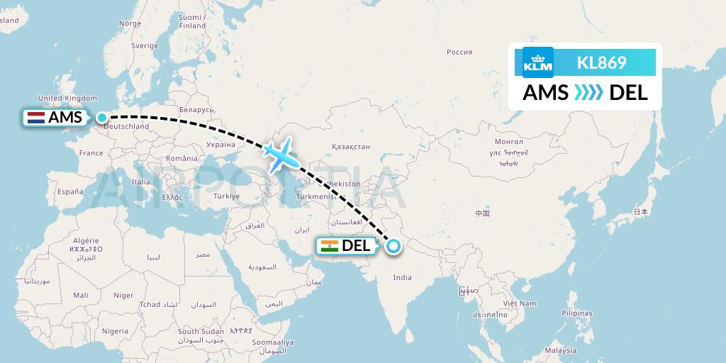 KL869 KLM Flight Map: Amsterdam to Delhi