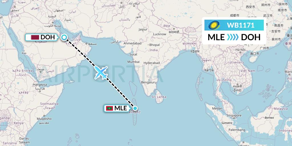 WB1171 RwandAir Flight Map: Male to Doha