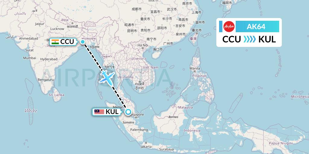 AK64 AirAsia Flight Map: Kolkata to Kuala Lumpur