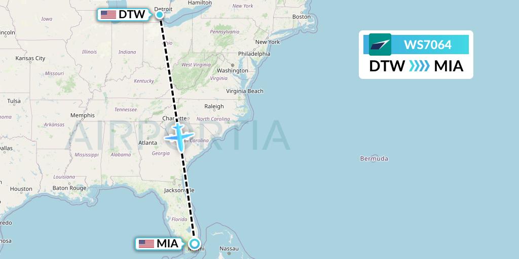 WS7064 WestJet Flight Map: Detroit to Miami