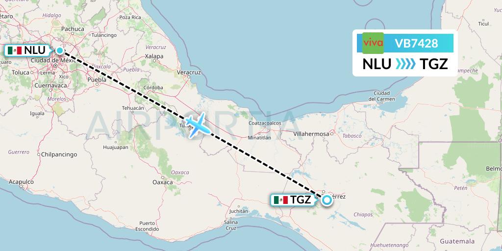 VB7428 VivaAerobus Flight Map: Reyes Acozac to Tuxtla Gutierrez