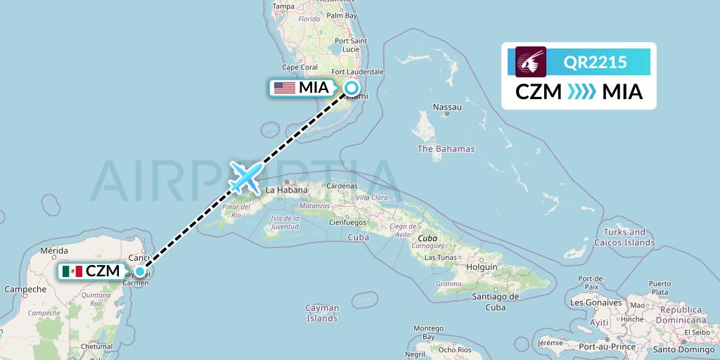 QR2215 Qatar Airways Flight Map: Cozumel to Miami