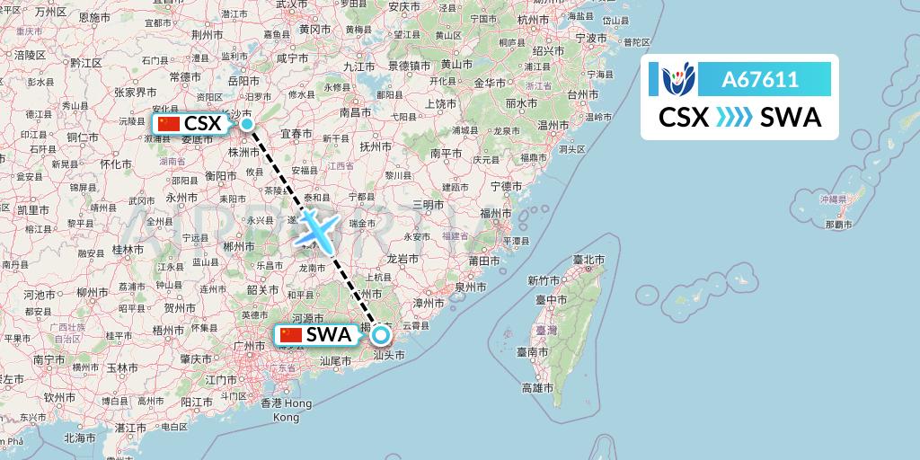 A67611 Hongtu Airlines Flight Map: Changsha to Jieyang