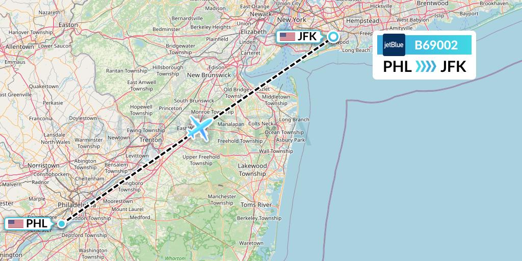 B69002 JetBlue Airways Flight Map: Philadelphia to New York