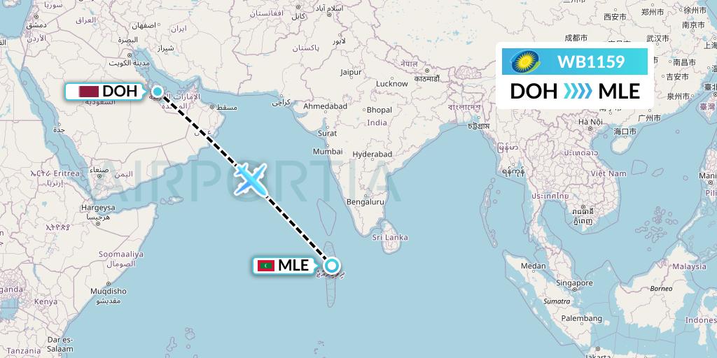 WB1159 RwandAir Flight Map: Doha to Male