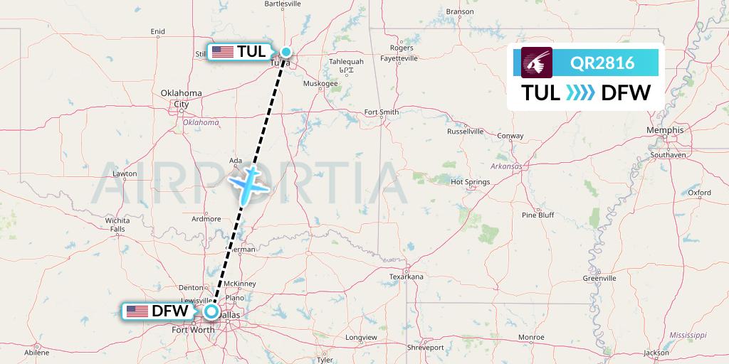 QR2816 Qatar Airways Flight Map: Tulsa to Dallas