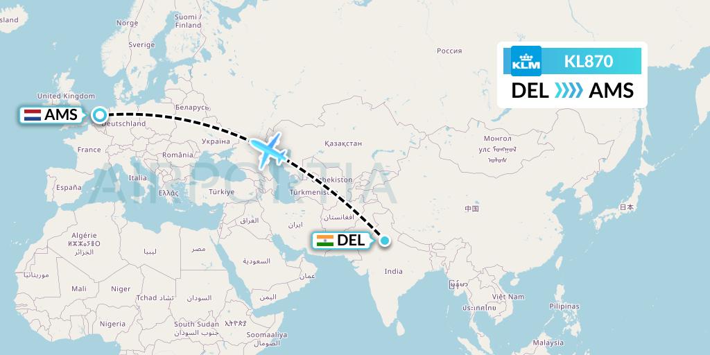 KL870 KLM Flight Map: Delhi to Amsterdam