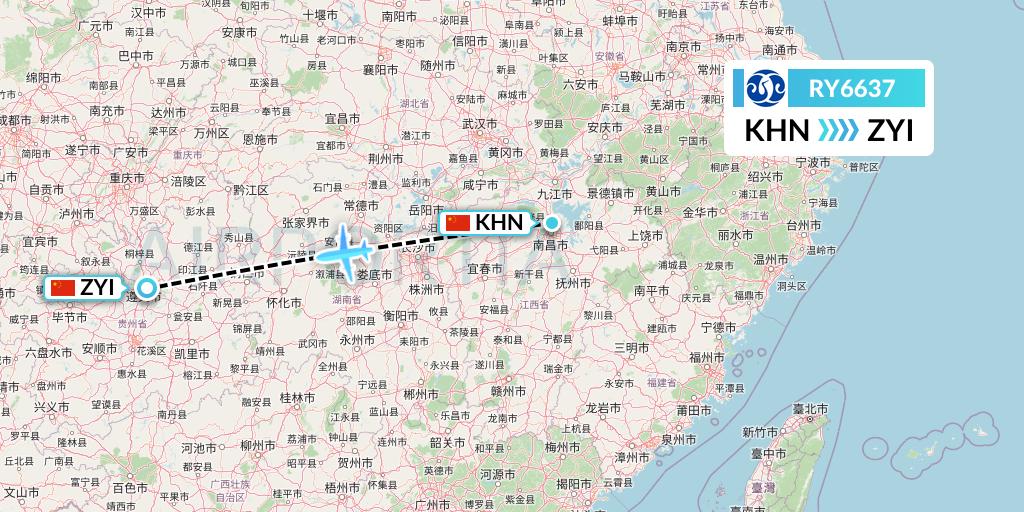 RY6637 Jiangxi Air Flight Map: Nanchang to Zunyi