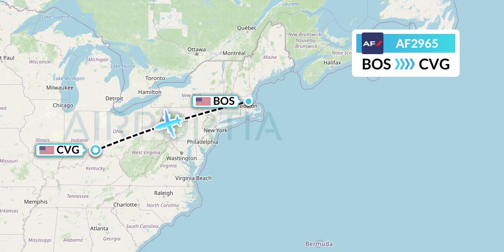 AF2965 Air France Flight Map: Boston to Cincinnati