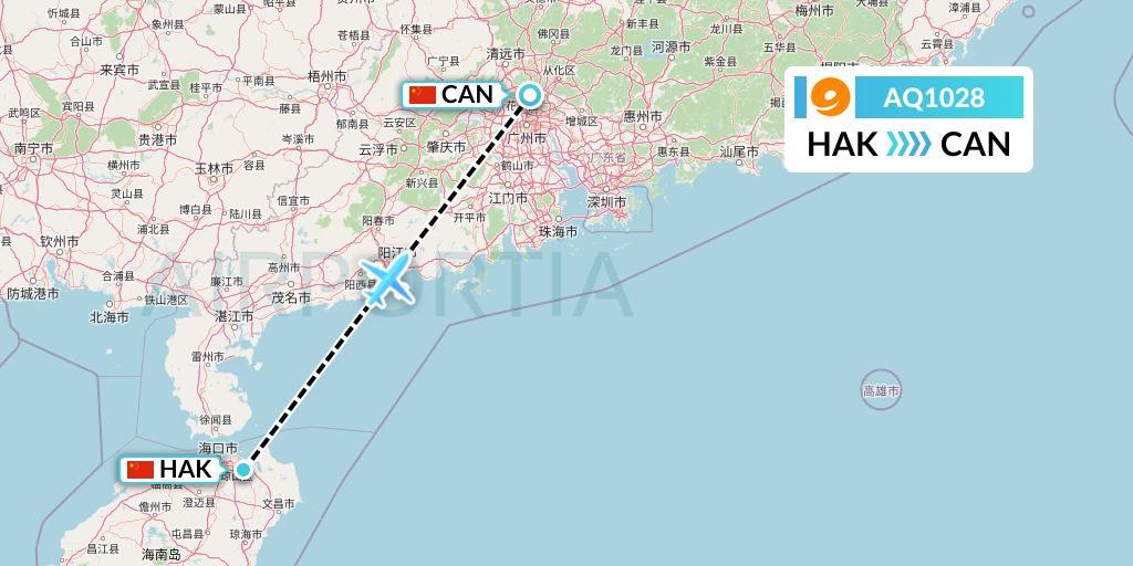 AQ1028 9 Air Flight Map: Haikou to Guangzhou