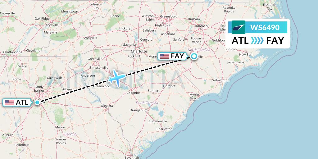WS6490 WestJet Flight Map: Atlanta to Fayetteville