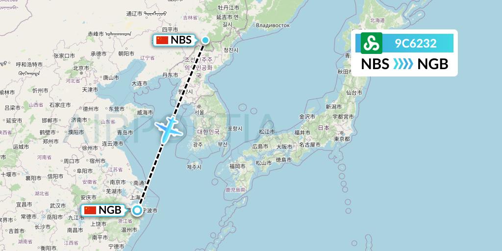 9C6232 Spring Airlines Flight Map: Baishan to Ningbo