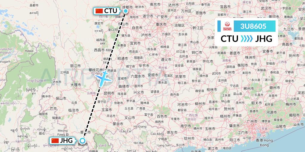 3U8605 Sichuan Airlines Flight Map: Chengdu to Jinghong
