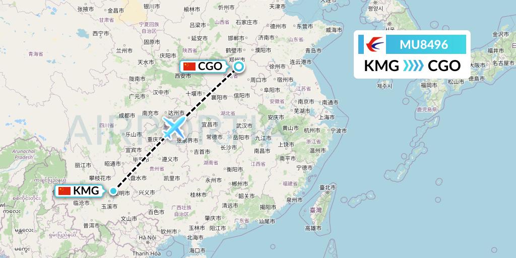 MU8496 China Eastern Airlines Flight Map: Kunming to Zhengzhou