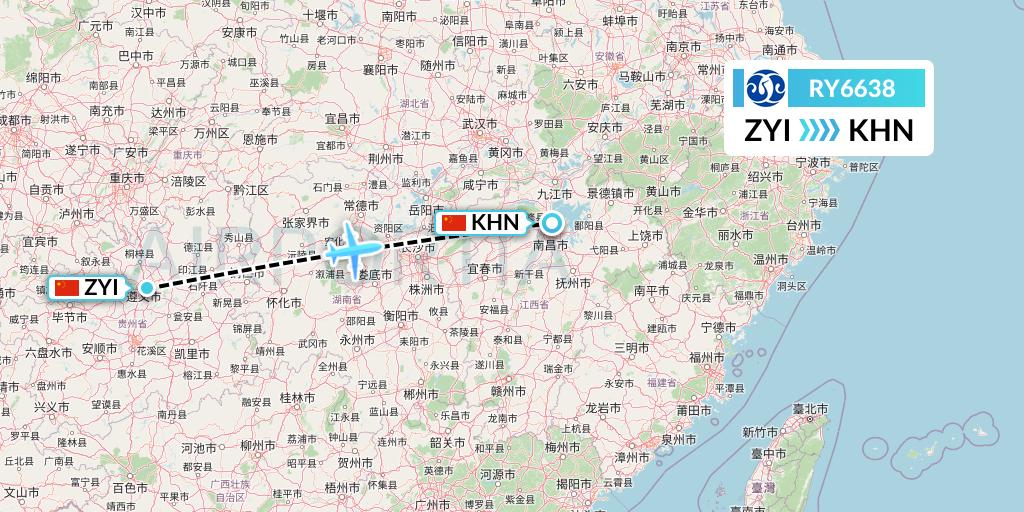 RY6638 Jiangxi Air Flight Map: Zunyi to Nanchang