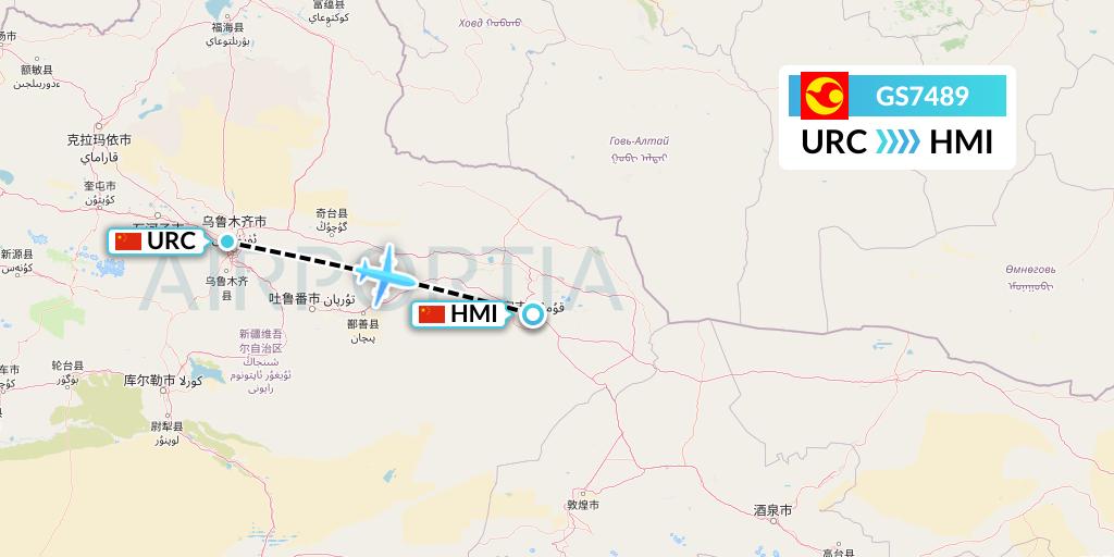 GS7489 Tianjin Airlines Flight Map: Urumqi to Hami City