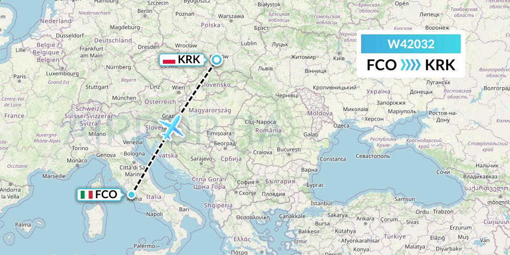 W42032 Wizz Air Malta Flight Map: Rome to Krakow