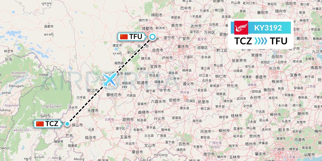 KY3192 Kunming Airlines Flight Map: Tengchong to Chengdu