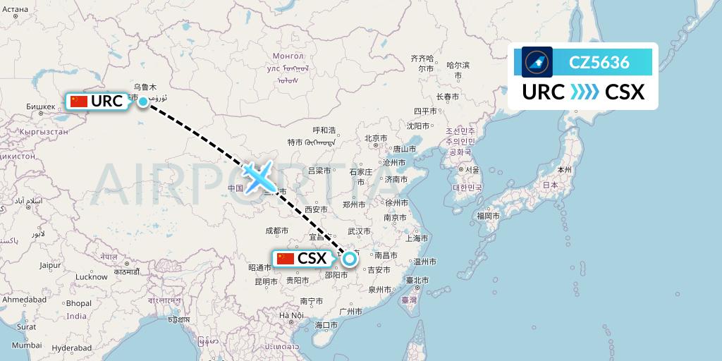 CZ5636 China Southern Airlines Flight Map: Urumqi to Changsha