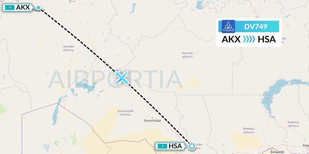 DV749 SCAT Flight Map: Aktobe to Shymkent