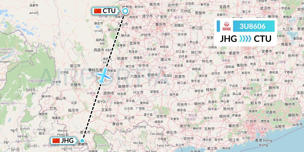 3U8606 Sichuan Airlines Flight Map: Jinghong to Chengdu
