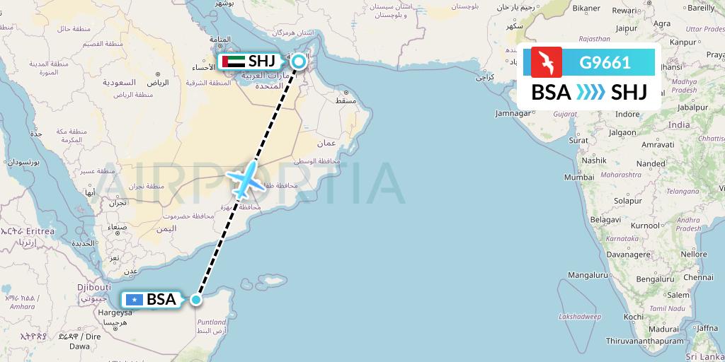 G9661 Air Arabia Flight Map: Bosaso to Sharjah