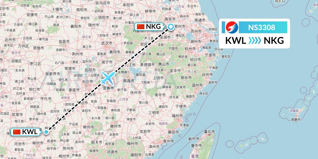 NS3308 Hebei Airlines Flight Map: Guilin to Nanjing