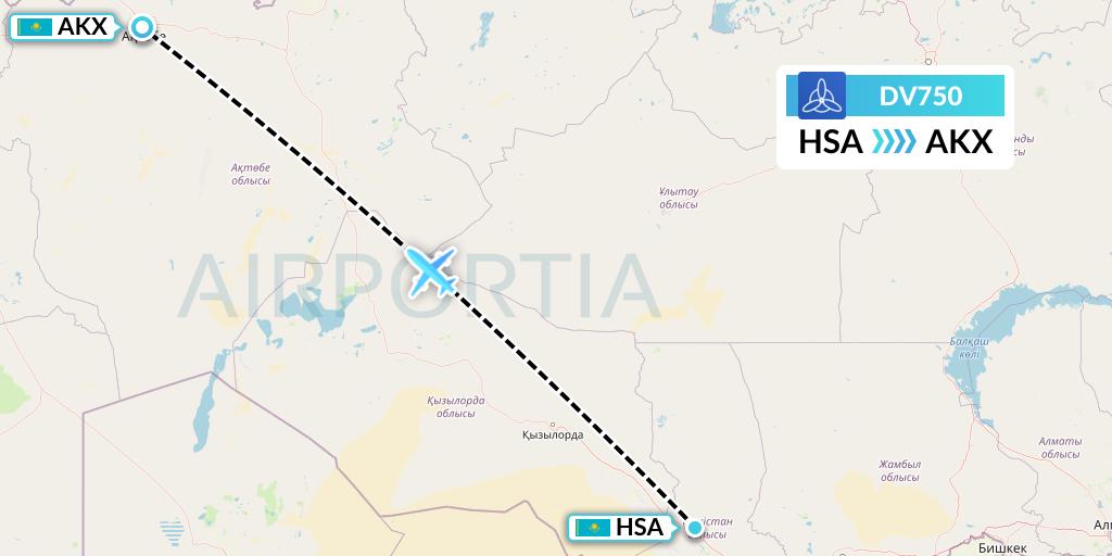 DV750 SCAT Flight Map: Shymkent to Aktobe