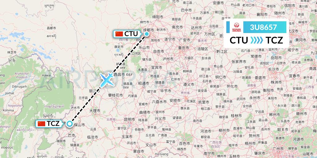 3U8657 Sichuan Airlines Flight Map: Chengdu to Tengchong