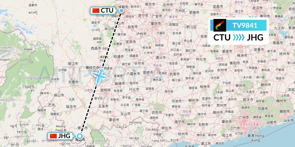 TV9841 Tibet Airlines Flight Map: Chengdu to Jinghong
