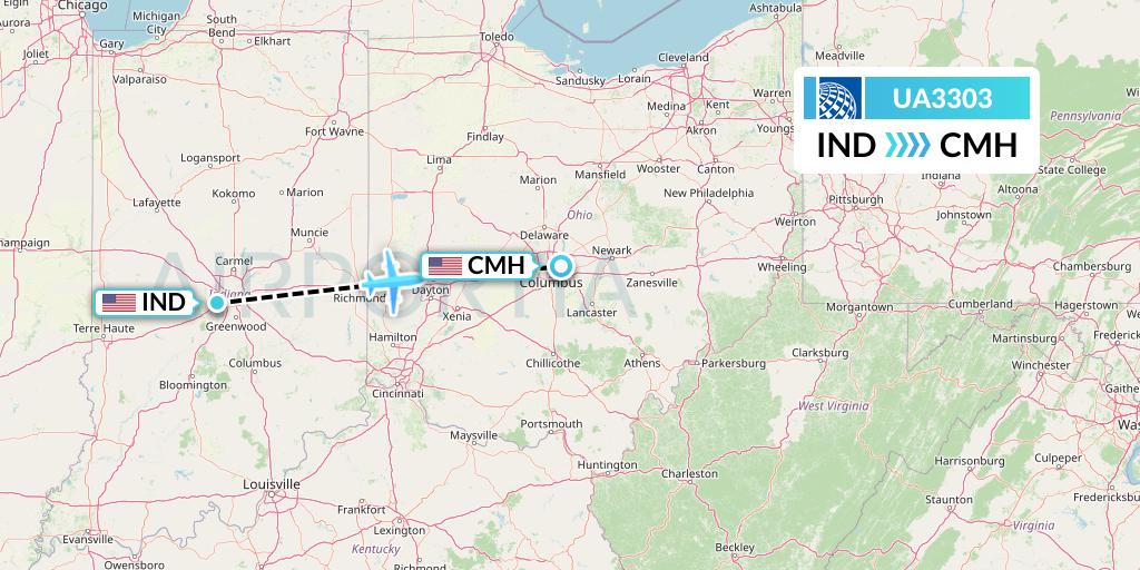 UA3303 United Airlines Flight Map: Indianapolis to Columbus