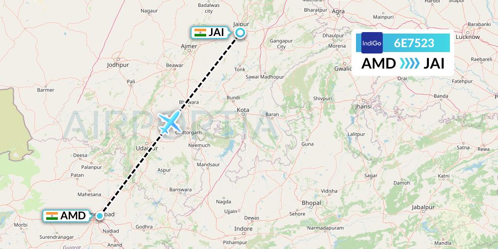 6E7523 IndiGo Airlines Flight Map: Ahmedabad to Jaipur