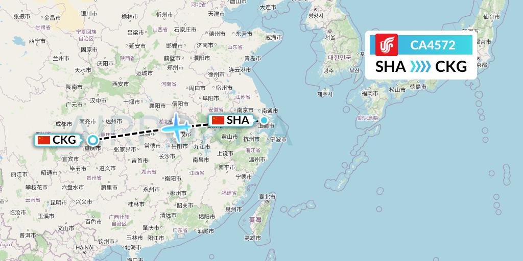 CA4572 Air China Flight Map: Shanghai to Chongqing