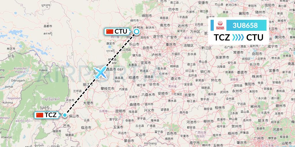 3U8658 Sichuan Airlines Flight Map: Tengchong to Chengdu