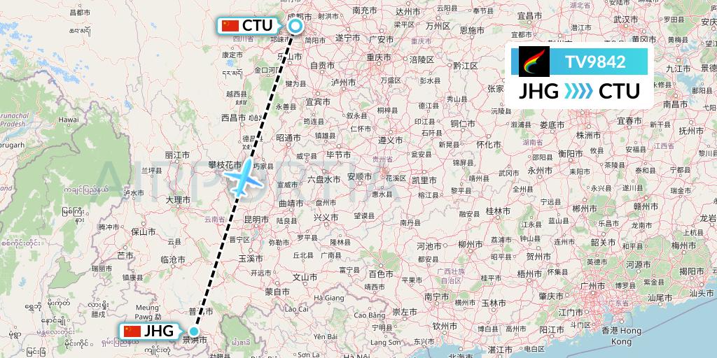 TV9842 Tibet Airlines Flight Map: Jinghong to Chengdu