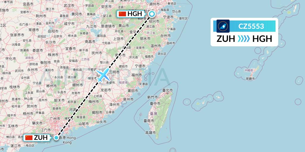 CZ5553 China Southern Airlines Flight Map: Zhuhai to Hangzhou