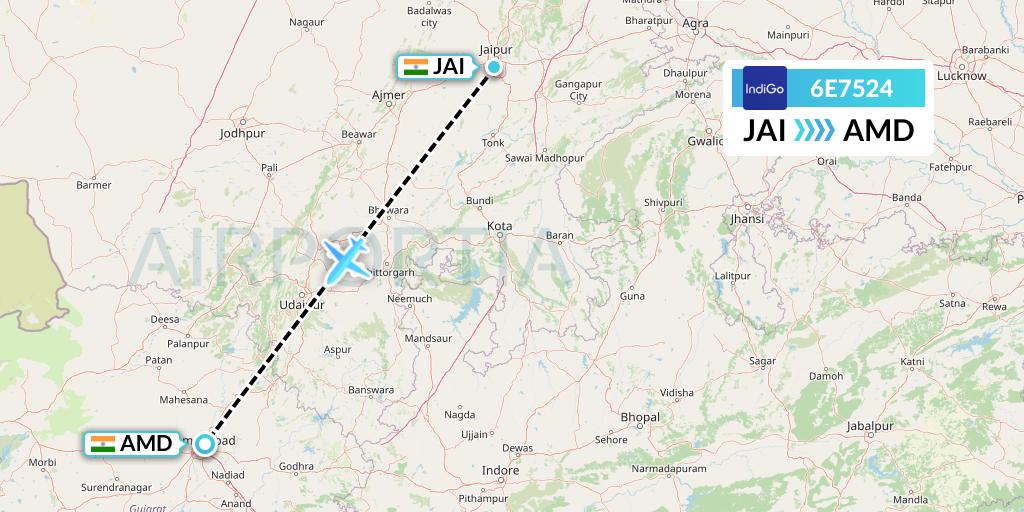 6E7524 IndiGo Airlines Flight Map: Jaipur to Ahmedabad